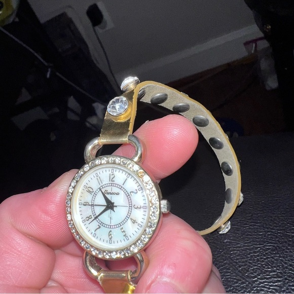 Gold Wrap Watch w/ Rhinestones & Mother of Pearl Face - Snap Button Close - Picture 10 of 12